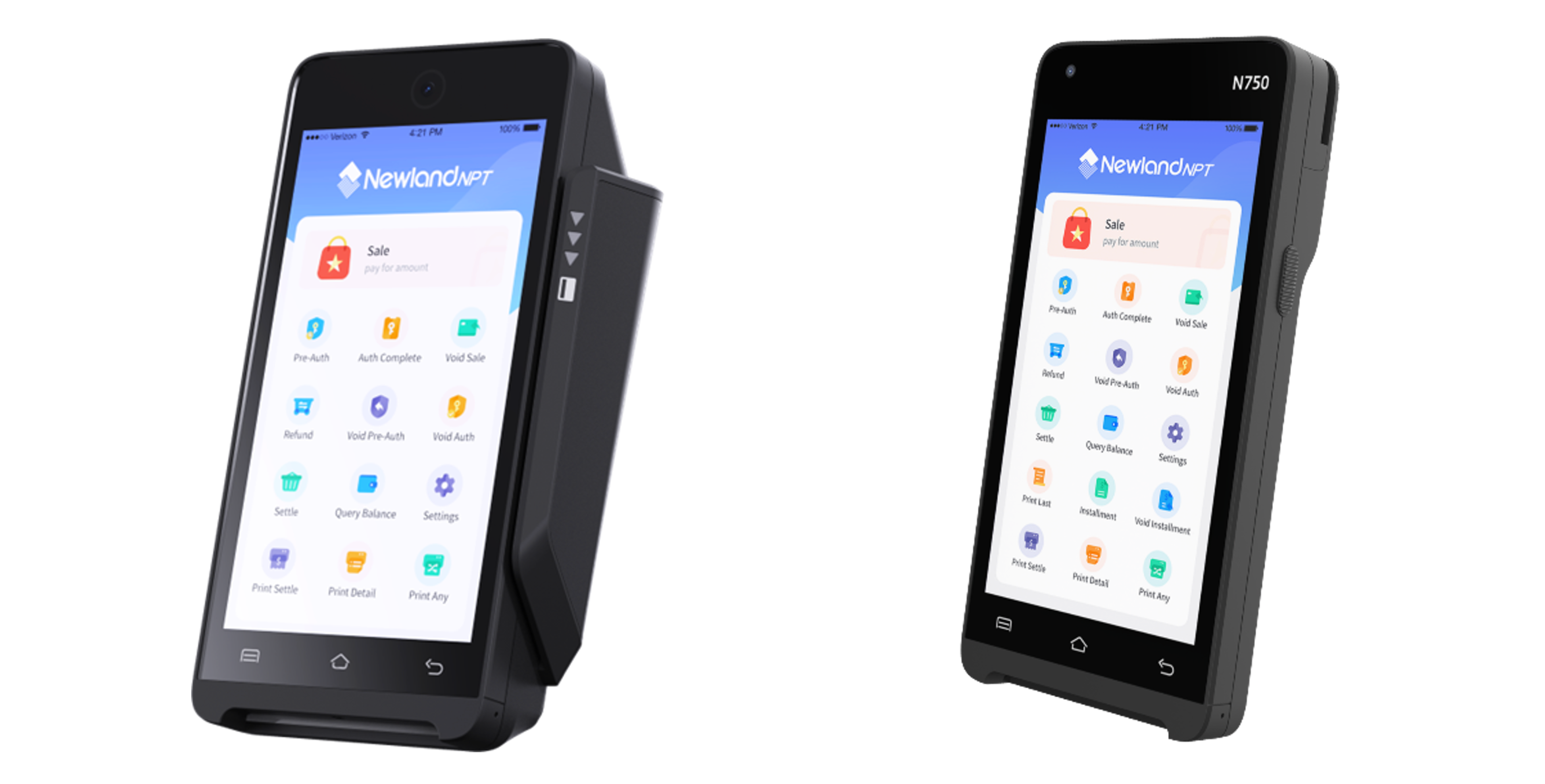 Newland NPT製決済端末　「N750P」（左：据置型）と　「N750」（右：モバイル型）